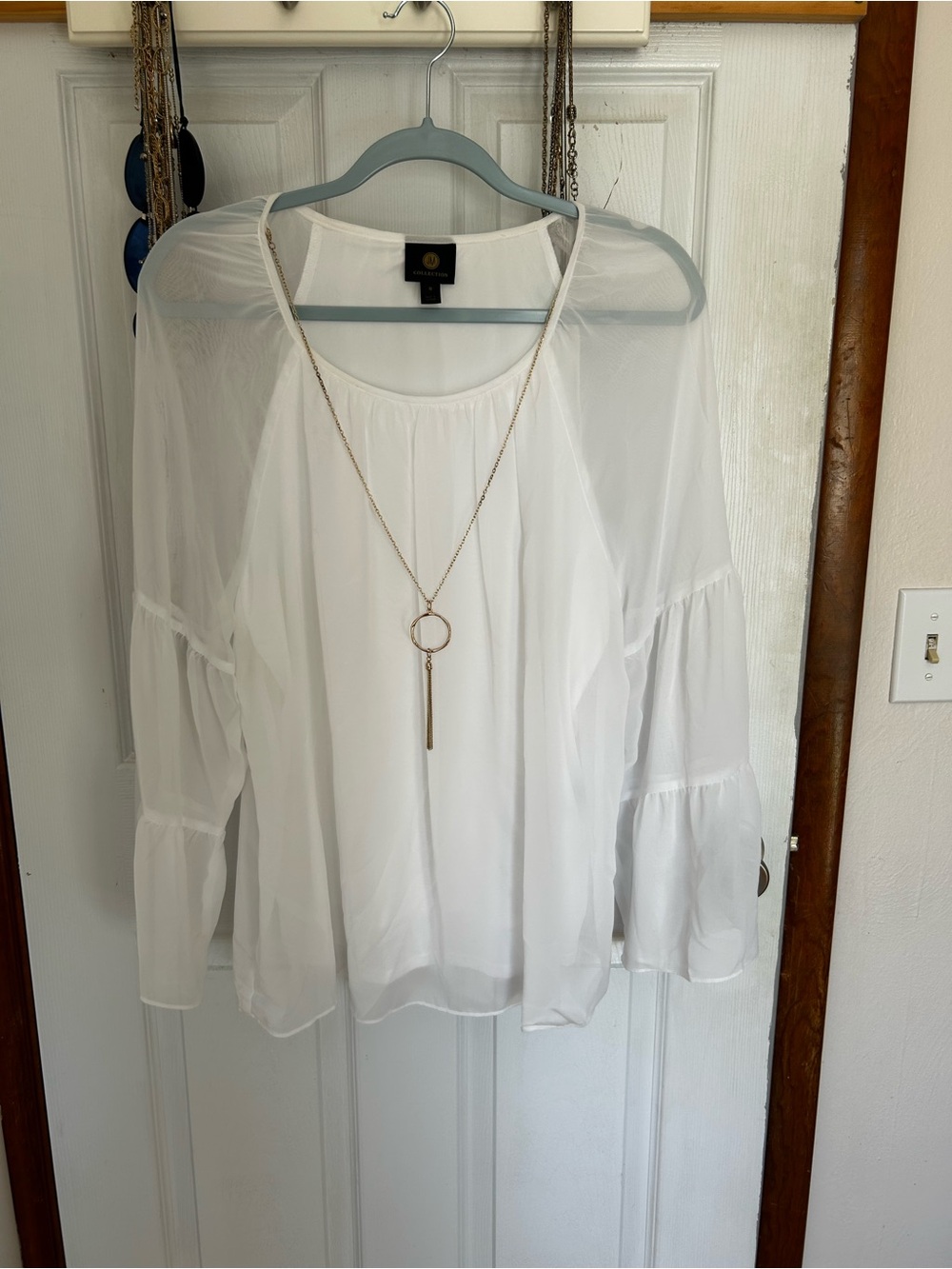 JM Collection White Sheer Ruffle Sleeve Blouse